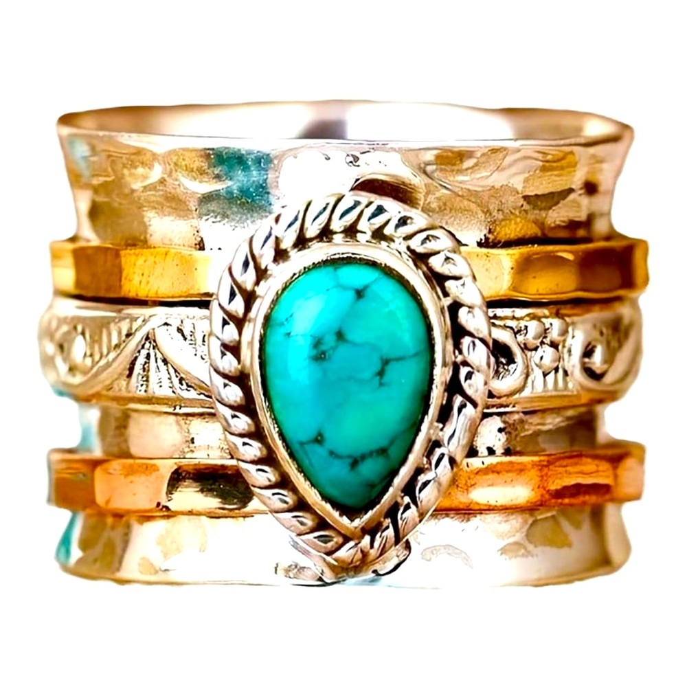 Gorgeous Dillards Silver 925  & Gold detailed Turquoise wide band ring size 7
